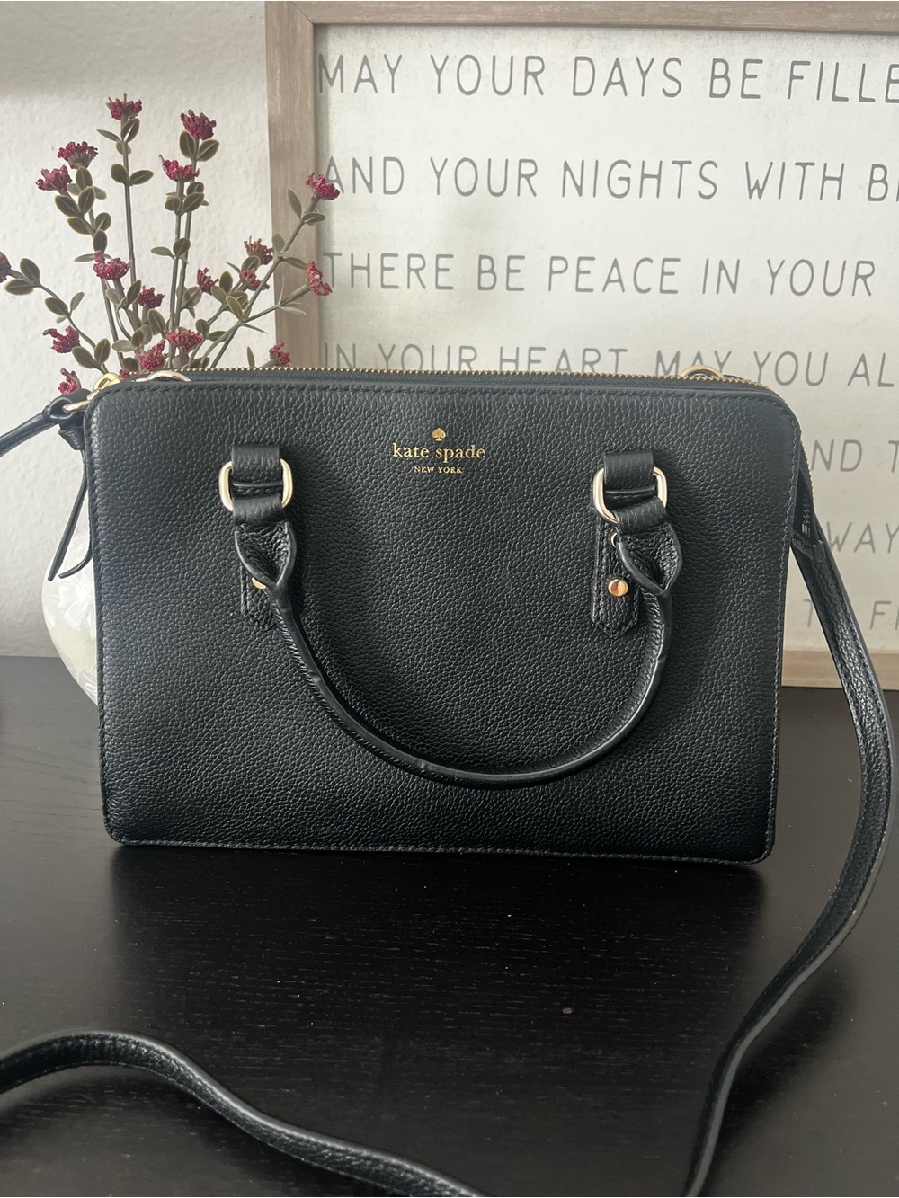 kate spade Black Pebbled Leather Satchel with Gold Hardware